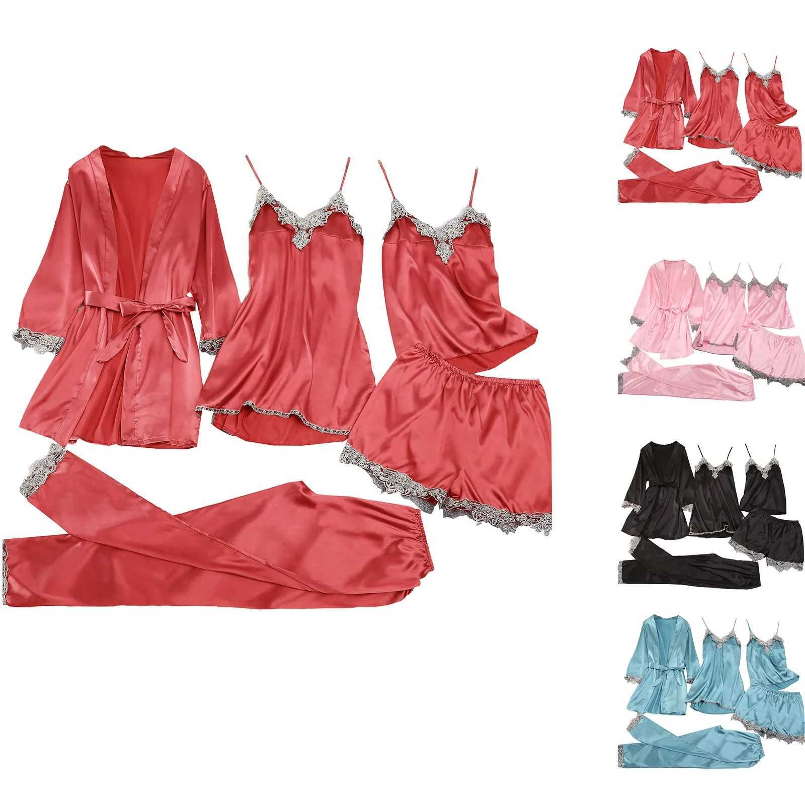5 Piece Silk Nightgown Suit Womens Stain Lace Robe Spwear Suit Shorts Pants Vest Tops Nightie Home Loungewear Nighties WearXJ250220