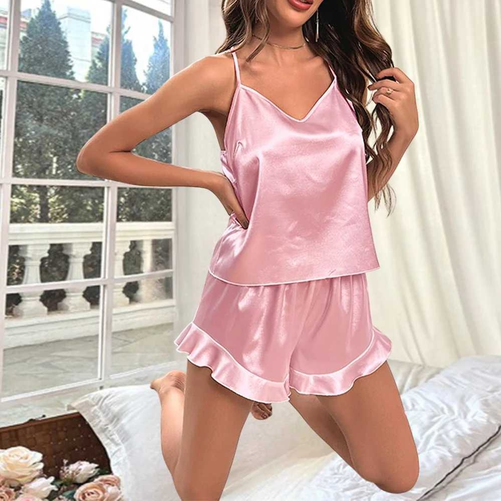Cross border Womens New Style Pajamas Set Sexy V-neck Suspender Vest+Shorts Silation Silk Two-piece Comfortable Homewear SuitXJ250220