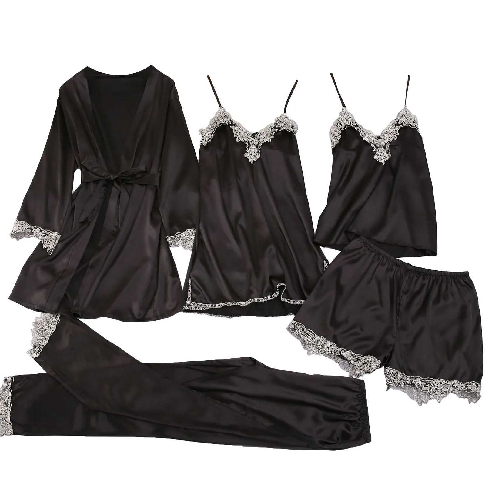 5 Piece Silk Nightgown Suit Womens Stain Lace Robe Spwear Suit Shorts Pants Vest Tops Nightie Home Loungewear Nighties WearXJ250220