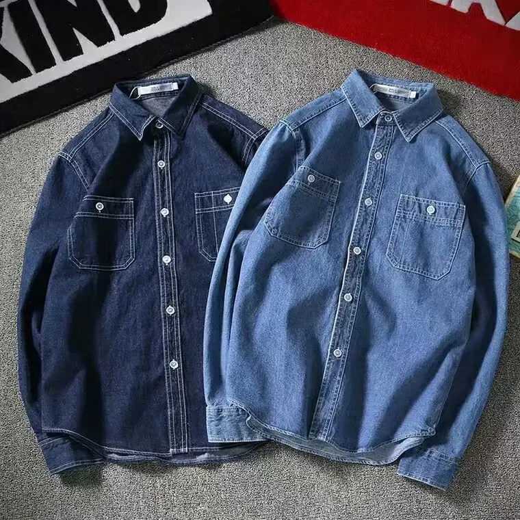 Japanese Vintage Denim Long Sleeve Shirt Mens Autumn Casual Loose-Fit Jacket Top Electric Welding Work Shirt Plus Size Shirt W250227