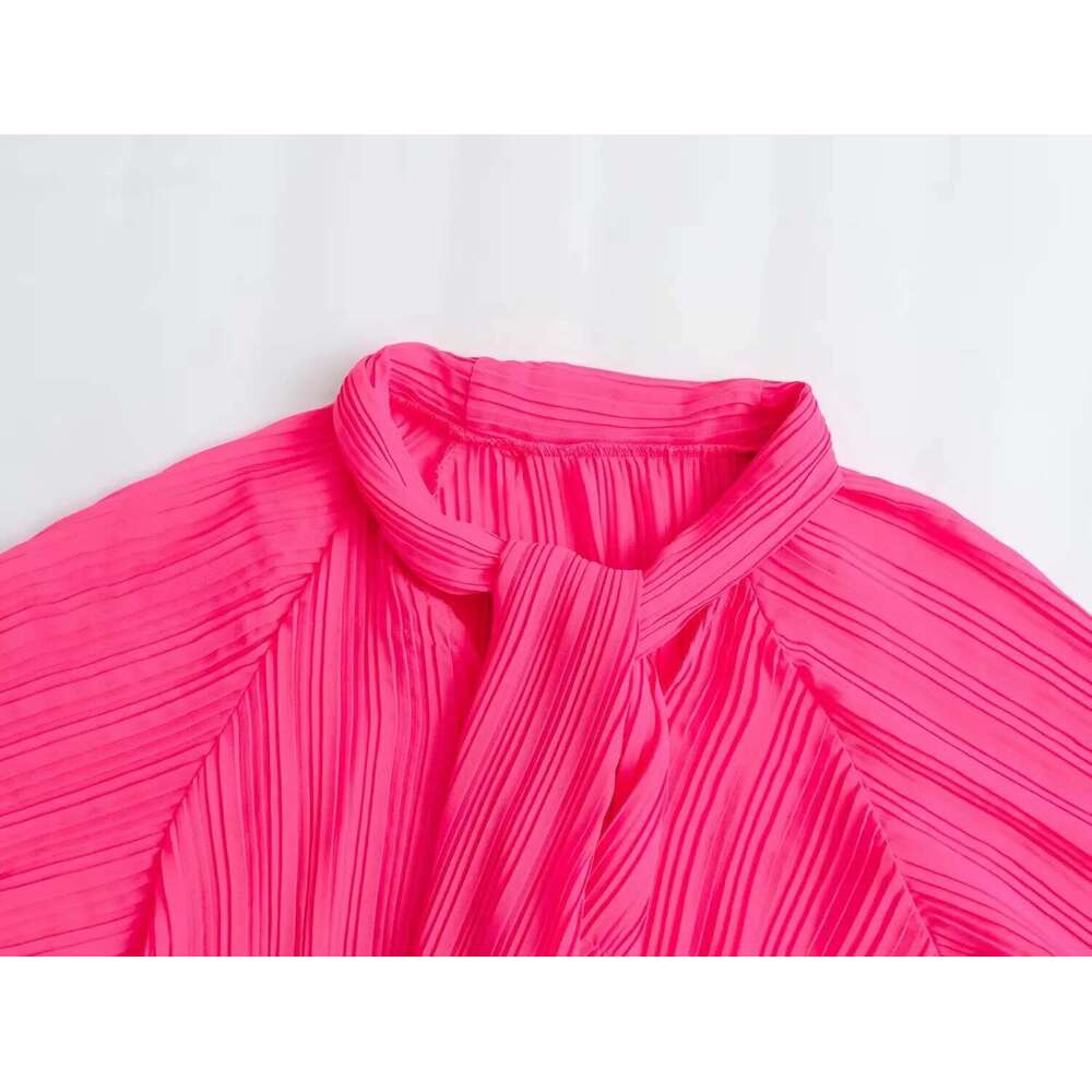 2024 Autumn New Women's European And American Fashion Easiest For Match Bow Pleated Shirt Street Style Casual Top