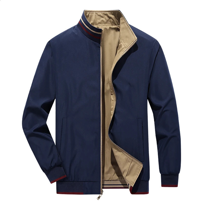 Men Jacket Khaki Elegant Fashion Slim Bomber Overcoat Reversible Simple Solid Baseball Neck Zipper Windbreaker Coat 250213
