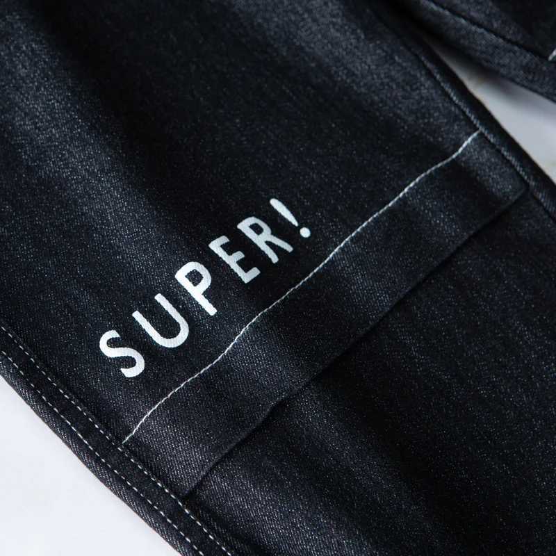 Spring Autumn Children Jeans 4-8Y Boys Cotton Letter Splice Stretch Denim Pants Loose Korean Trousers Kids Wear Clothes 2024 New Z250220