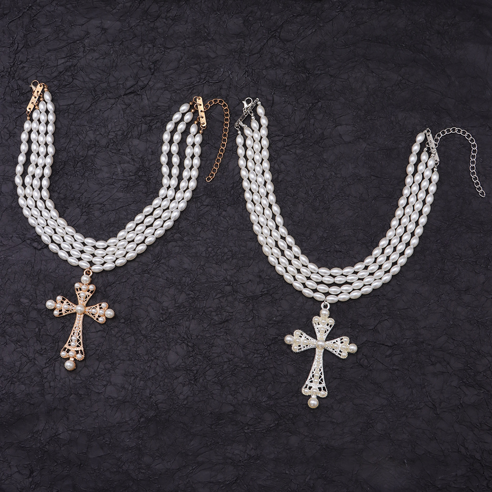 Cyberpunk style cross necklace fashion exaggerated micro-set imitation pearl layered necklace jewelry