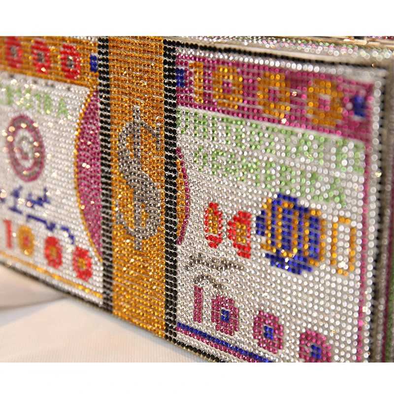 Creative Fashion New Money Clutch Rhinestone Purse 10000 Dollars Stack Bags of Cash Evening Handbags Shoulder Wedding Dinner Bag Z250220