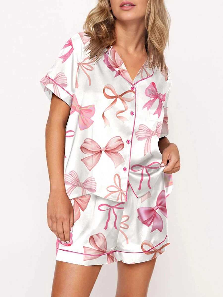 Womens 2 Piece Lounge Set Pajamas Short Sve Lapel Cute Bow Print Button Up Shirt Tops + Loose Shorts Set for Spwear PjsXJ250220