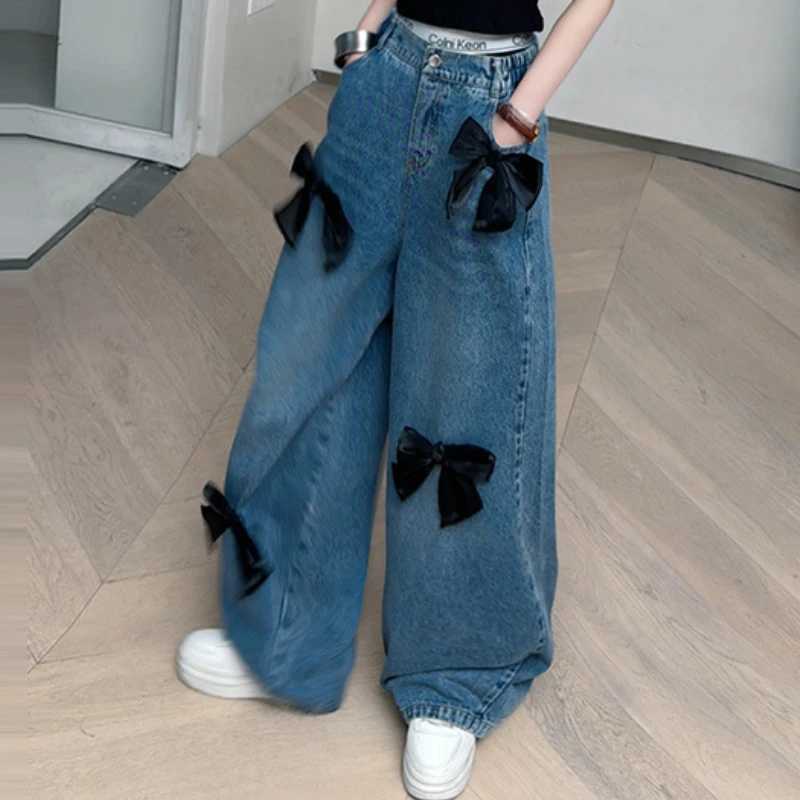 School Girls Jeans 2025 Spring Teen Childrens Wide Leg Pants Retro Black Triple Bow Blue Jeans Trousers for Kids Z250220