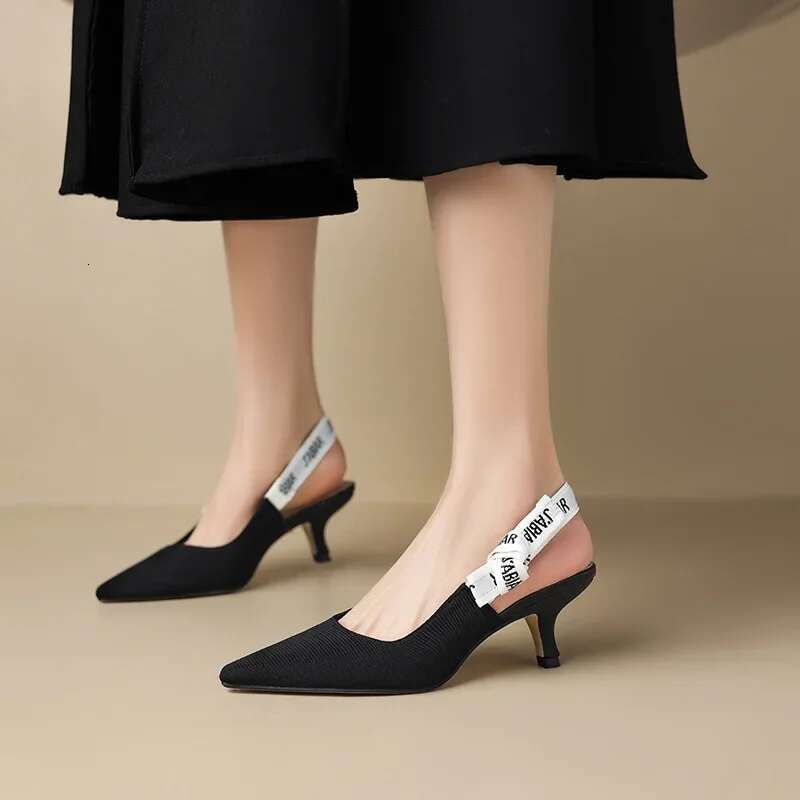 2025 Summer New Versatile Cat Letter Sandals Bag Head Thin Middle Heel Back Empty High Heels Women's Shoes
