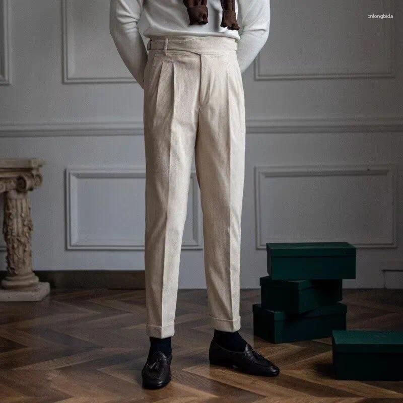 Mens Pants Italian Style Corduroy Naples Suit Men High-waisted Adjustable Belt Straight Trousers Autumn England Business Casual Pant