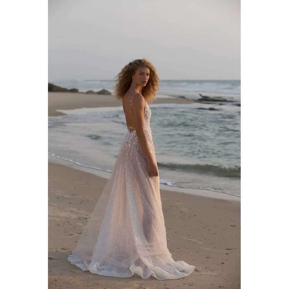 Elegant Wedding Dresses A-E V-Neck Appliques Sequins Sleeveless Backless Or-Length Bride Vestido De Noiva Customized 6660311