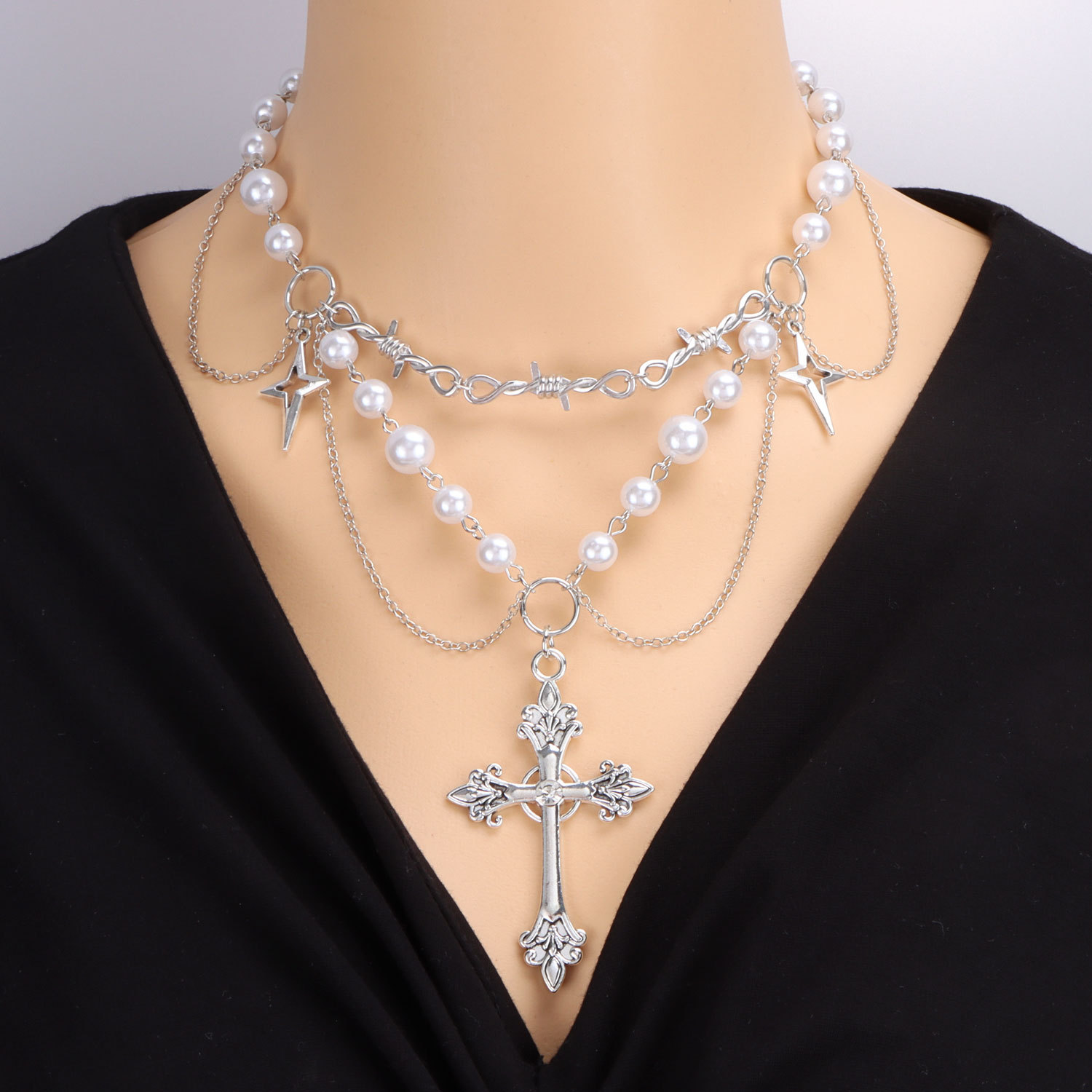 Pearl tassel cross hundred fashion necklace Europe and the United States niche design spicy girl party jewelry