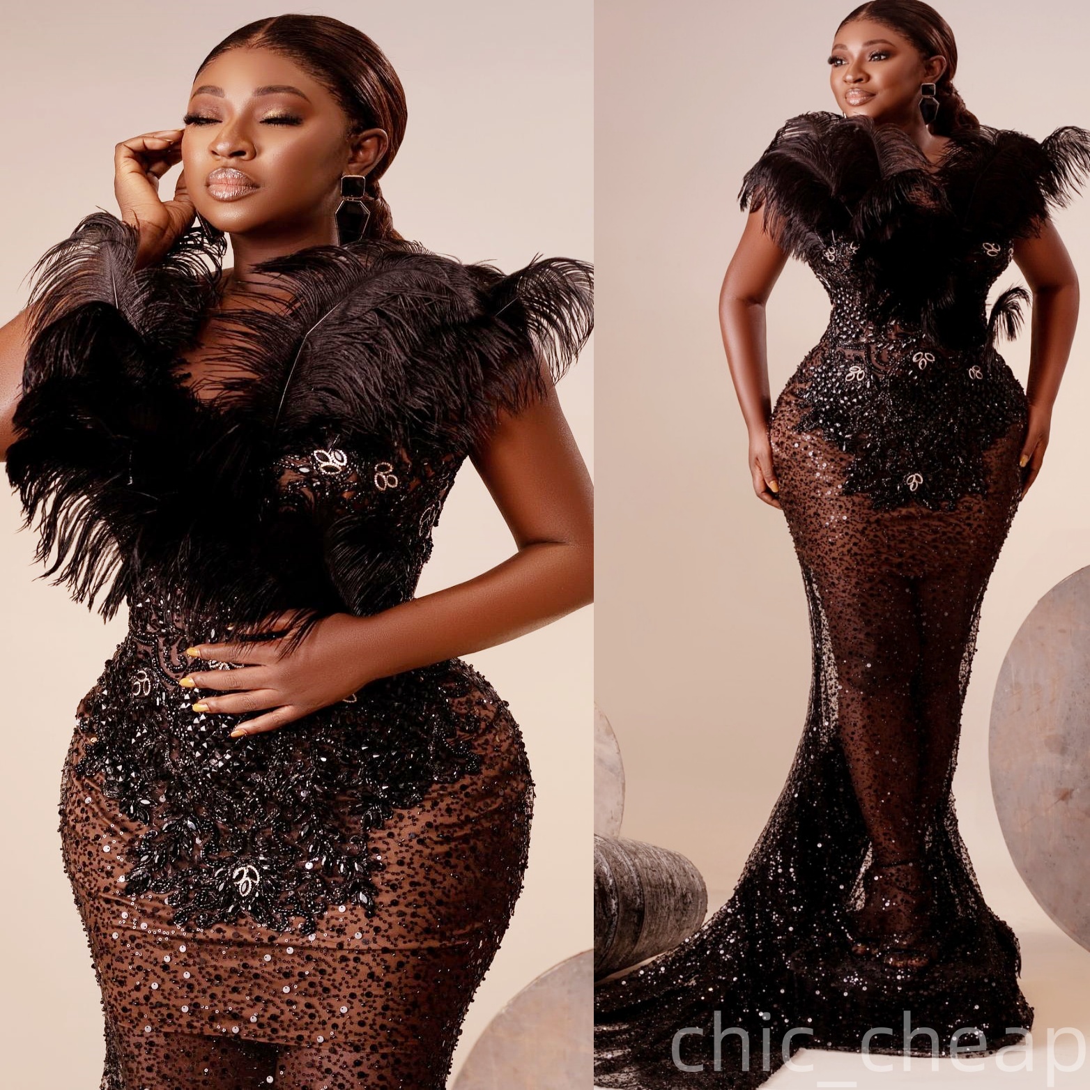 Black Illusion Mermaid Prom Dresses 2025 Beaded Crystals Feather Evening Formal Party Second Birthday Engagement Gowns Plus Size Dress For Special Occ