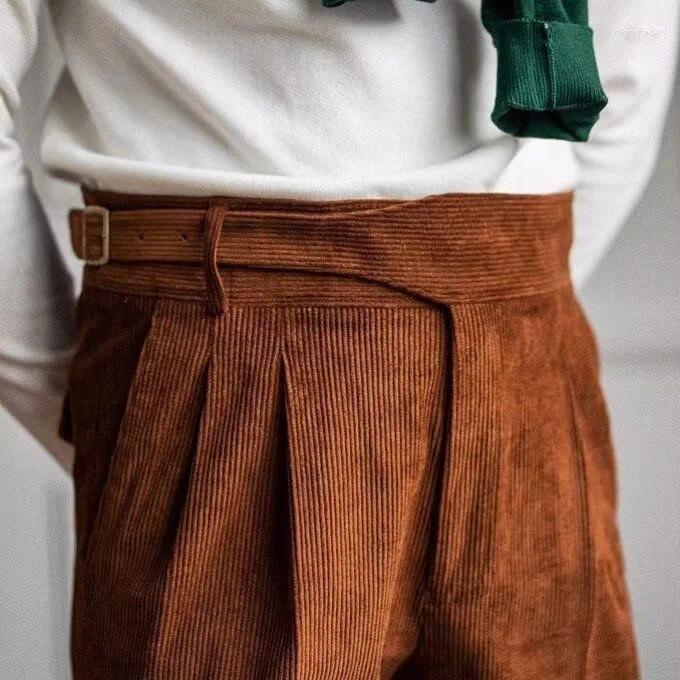 Mens Pants Italian Style Corduroy Naples Suit Men High-waisted Adjustable Belt Straight Trousers Autumn England Business Casual Pant