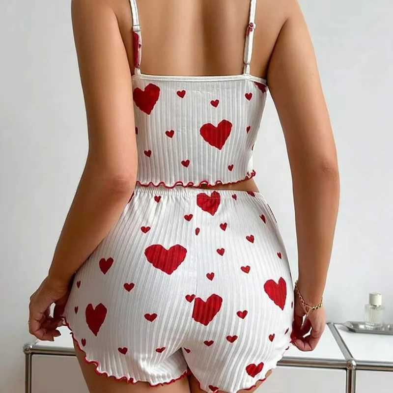 Sexy Heart Print Pajama Set Women Spwear Trendy Fashion Lounge Wear Nightwear Two Piece Set Homewear PyjamasXJ250220