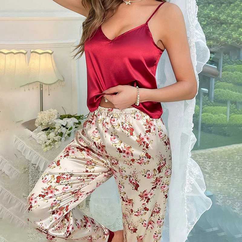 Womens Spwear Luxurious Floral Print Satin Pajama Set Sexy V-Neck Backless Cami Top Elastic Waist Long Pants Pyjama FemmeXJ250220