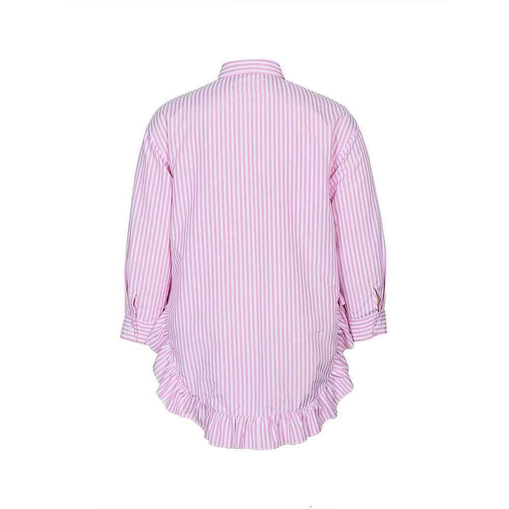 Plus Size 2024 Autumn New High Collar Sleeve Pink White Striped Women's Long Shirt Comfortable Casual