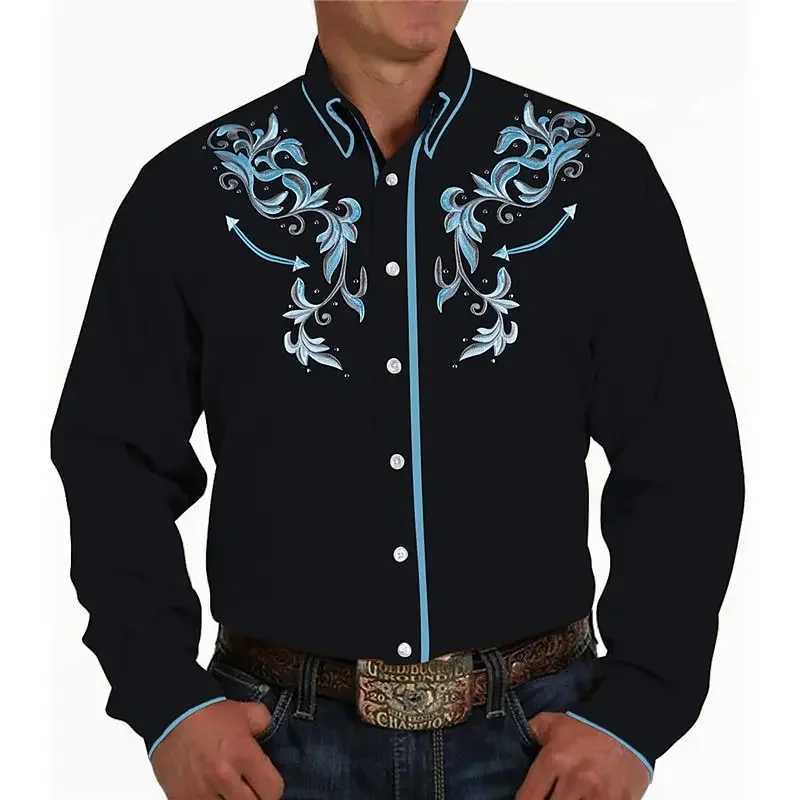Mens shirt Western Denim pattern leaf cuffs Outdoor street long sleeve shirt button design fashion casual top W250220