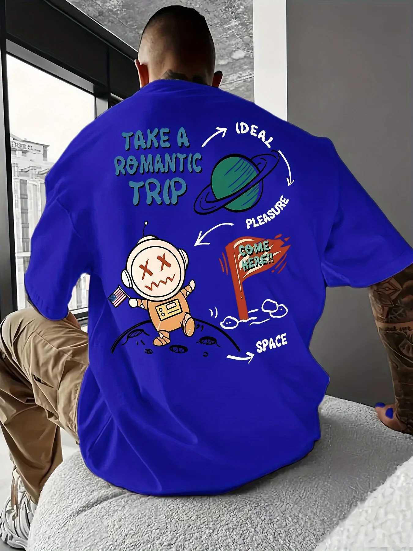 MenS Summer Fashion Short Sleeve T-ShirtRomantic Space Themed PrintRegular FitStretch PolyesterCrew NeckKnit Fabric W250220