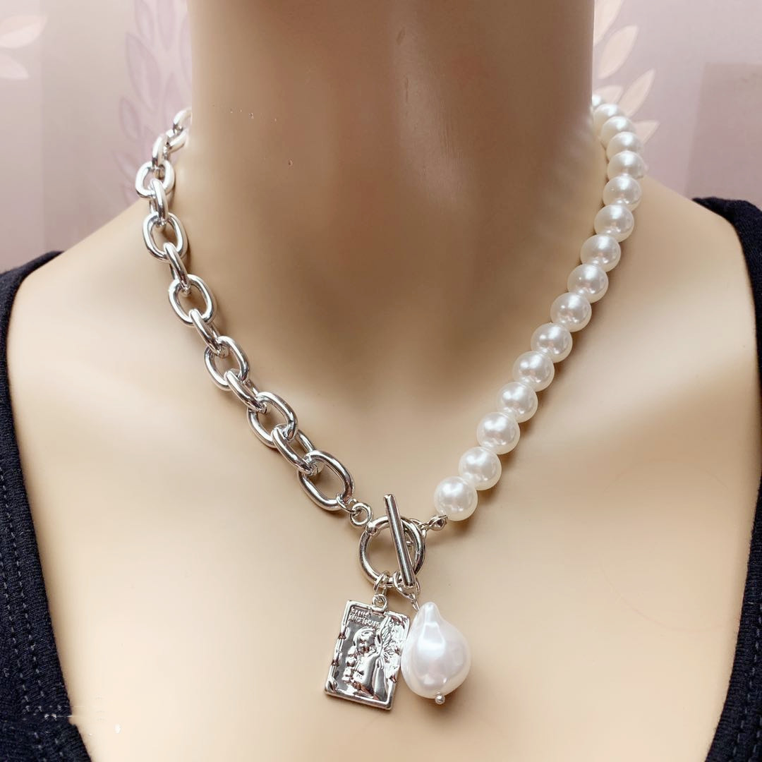 Vintage New Copper Snake Chain Baroque Pearl Portrait Square Plaque Single Layer Necklace Set