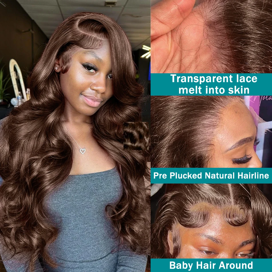 40 Inch Peruvian Hair Chocolate Brown Body Wave 13x6 HD Lace Frontal Human Hair Wigs 250% Remy Colored 13x4 Lace Front Wig