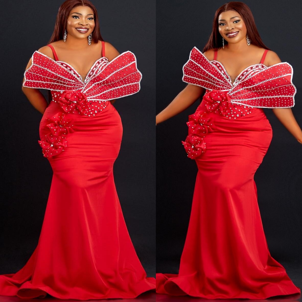 Red Mermaid Prom Dresses 2025 Flowers Beaded Crystals Satin Evening Formal Party Second Birthday Engagement Gowns Plus Size Dress For Special Occasion