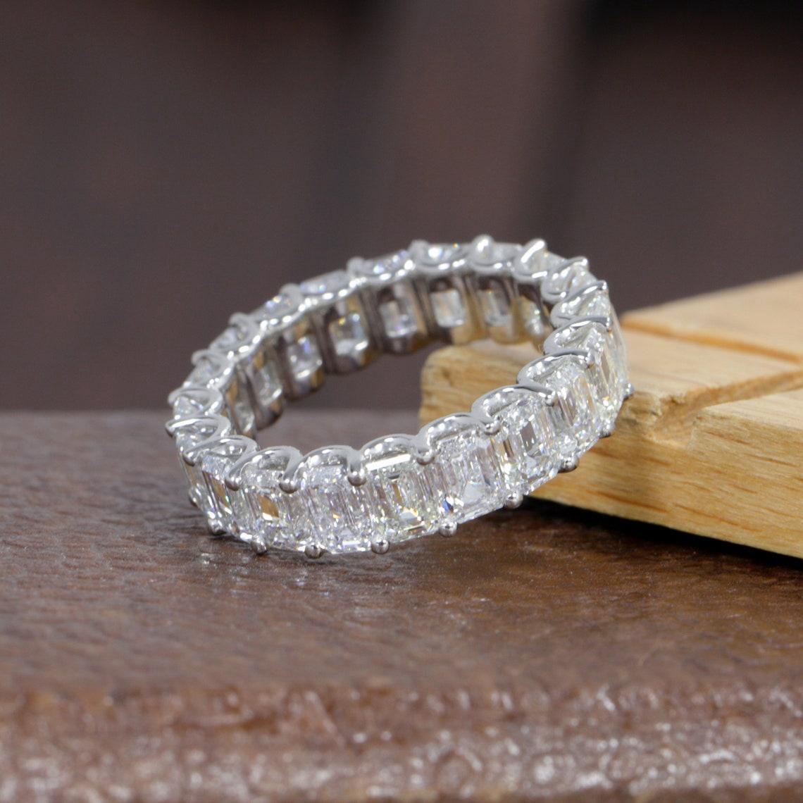 Jewelry 18K White Solid Gold Lab Grow Diamond EF Color 4.5*3.2mm Emerald Cut Full Band Eternity Ring HPHT CVD Diamond Stackable Ring