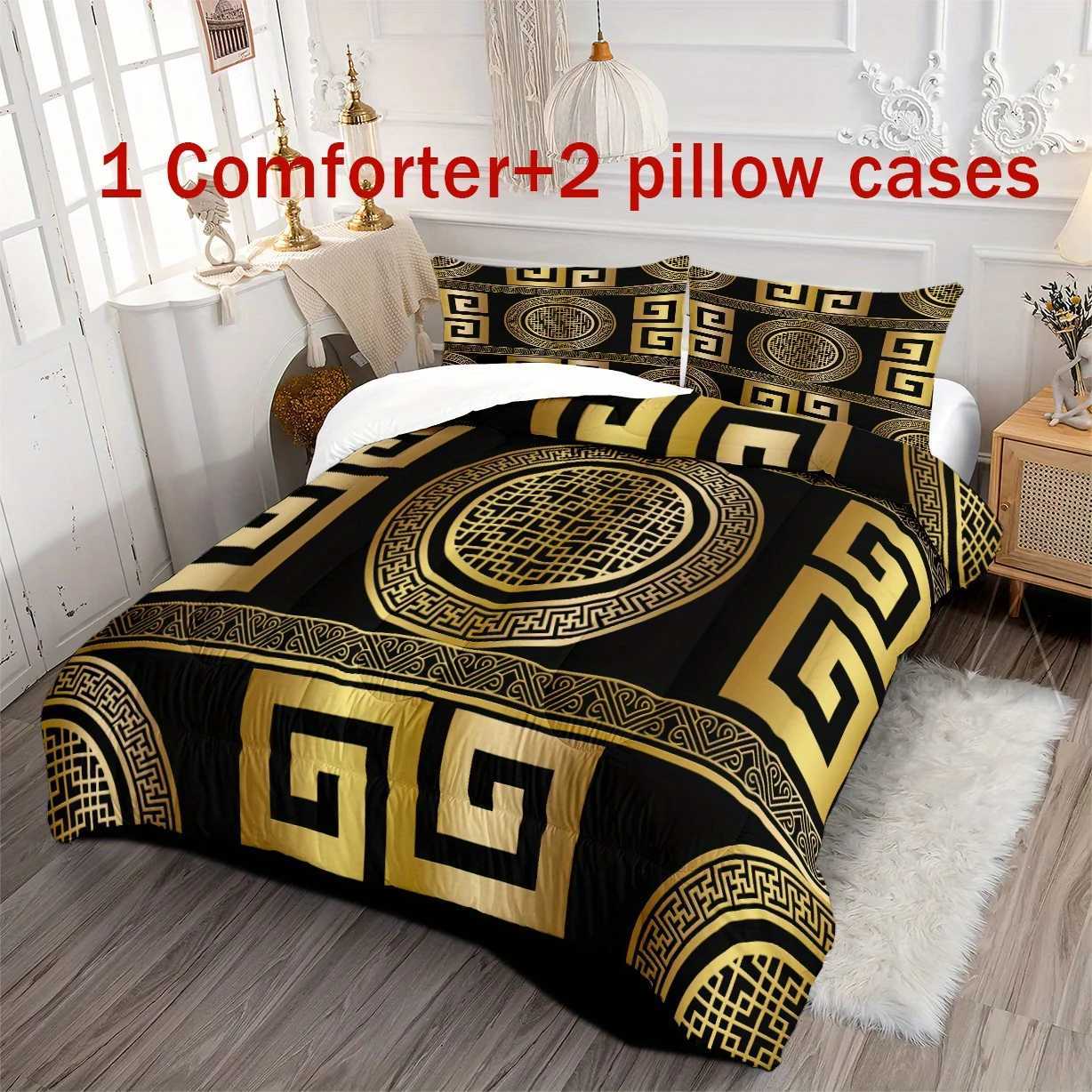 3pcs Luxury Golden Geometric Printed Comforter Set Printed Bedding For Bedroom Home Dorm DecorXJ250220