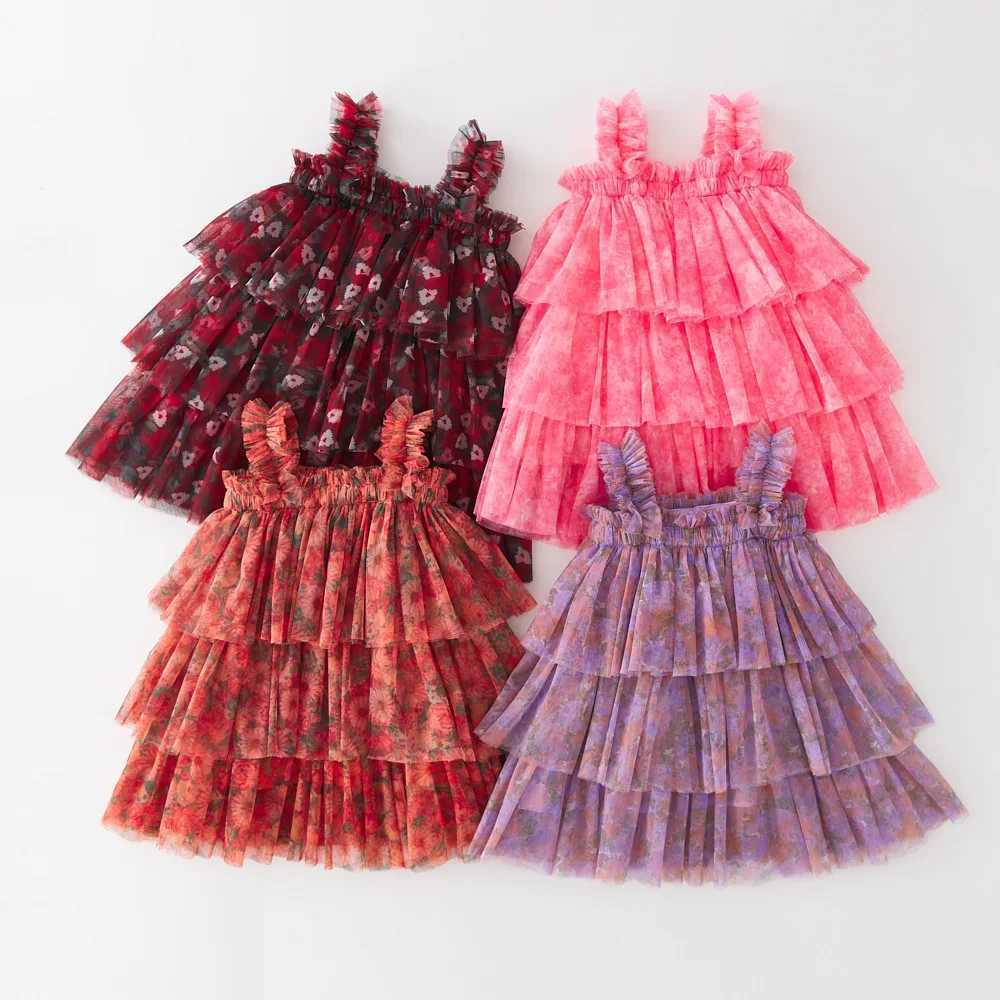 New Cute Baby Girl Dress Sweet Flowers Stamping Drape Wrinkle Mesh Baby Dresses Fashion Baby Girl Clothes Princess Cake Frock X250220