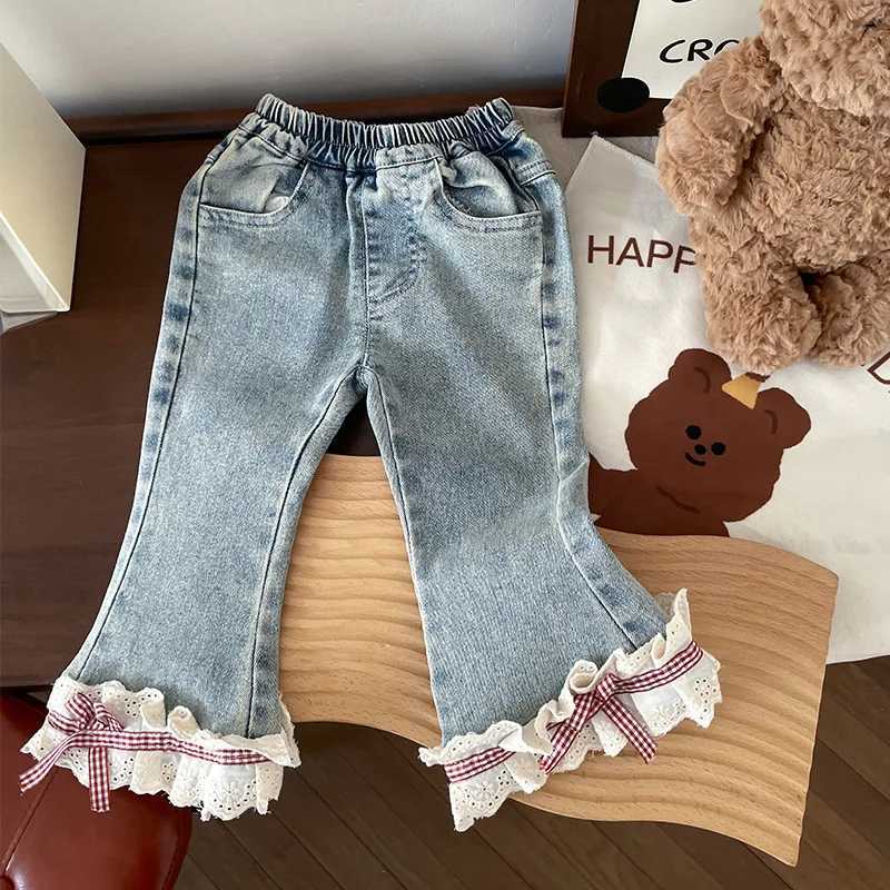 2025 Spring Autumn Korean Kids Girls Jeans Denim Stretch Lace Hem Pocket Toddler Girls Trousers Children Girls Flared Pants Z250220