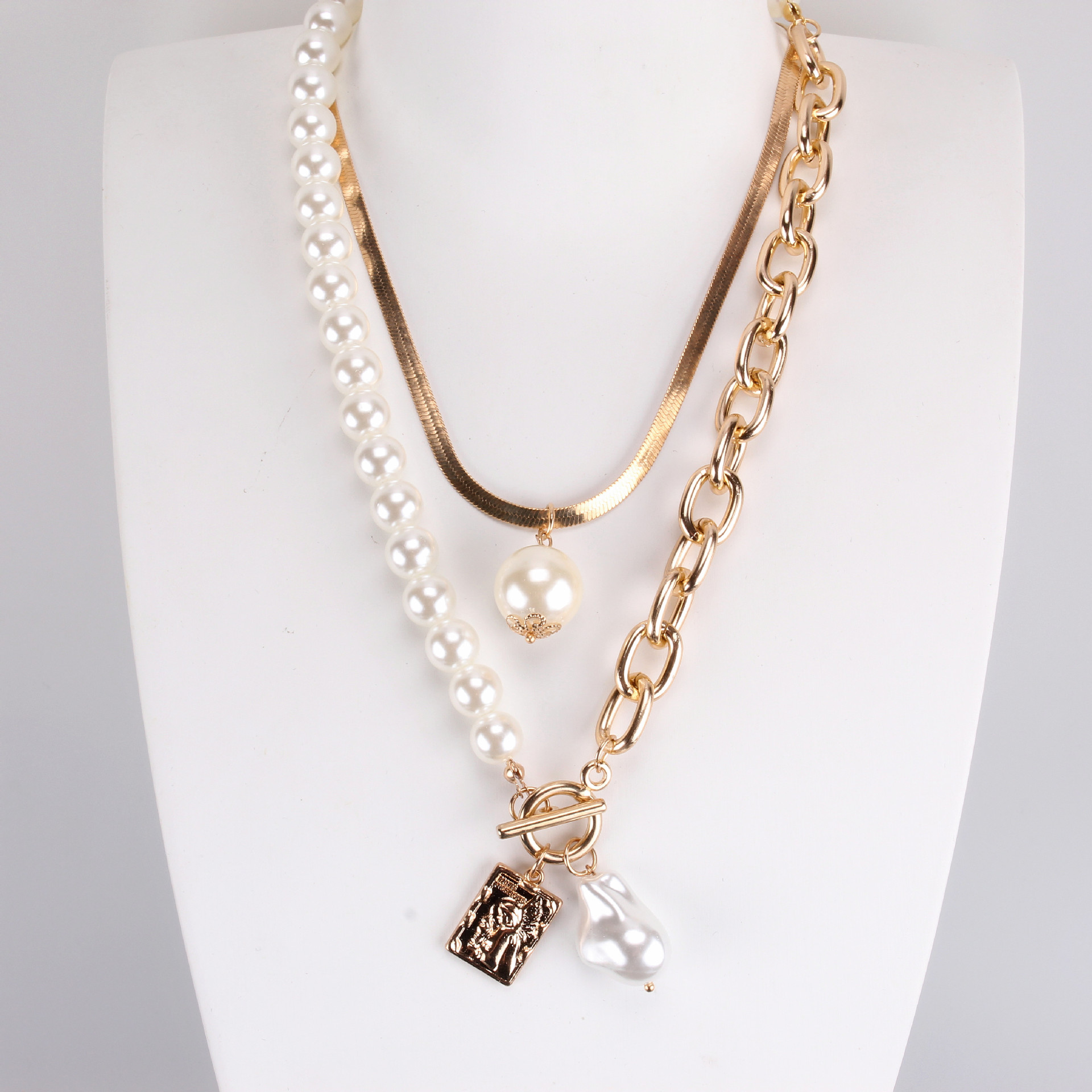 Vintage New Baroque Pearl Portrait Square Plaque Necklace for Women Double Set of Chains