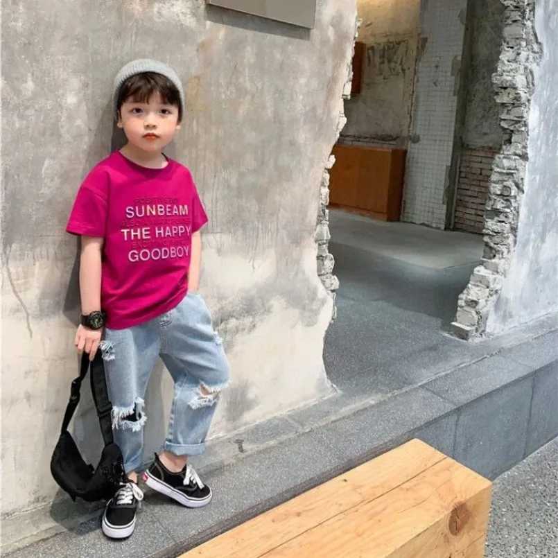 Spring Autumn 2-10Y Korean New Childrens Hole Trouser Childrens Boys Handsome Tear Patch Jeans Girls Pants Loose Jeans Z250220