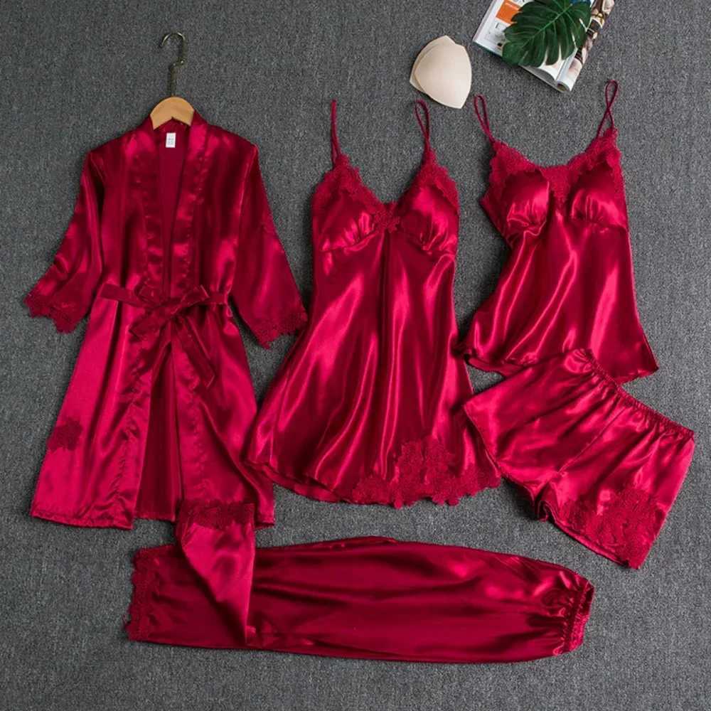 5Pcs Ice Silk Robe Sp Pajama Set Womens Ventilate Lace Satin Pajamas Gown V-Neck Casual Wear Home Nightwear Spring SpwearXJ250220