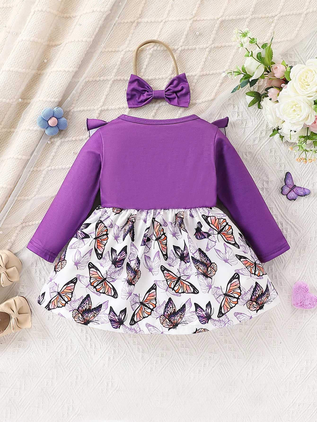 Baby Girl Fashion Casual Purple Knitted Fabric Splicing Butterfly Full Print Round Neck Long Sleeve Dress with Bow Decoration X250220
