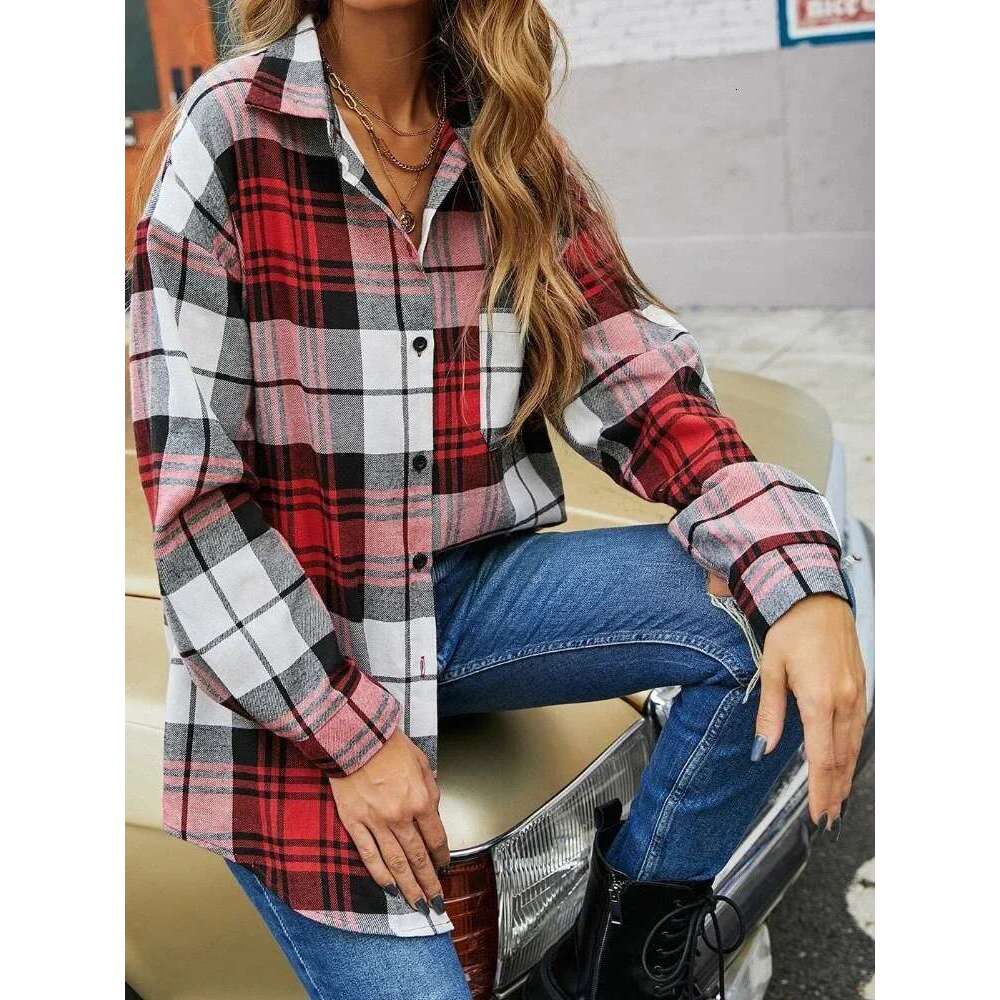 New Korean Style Long-Sleeved Women's Fashionable Design High-End Plaid Top With Pockets Pleated Loose Shirt
