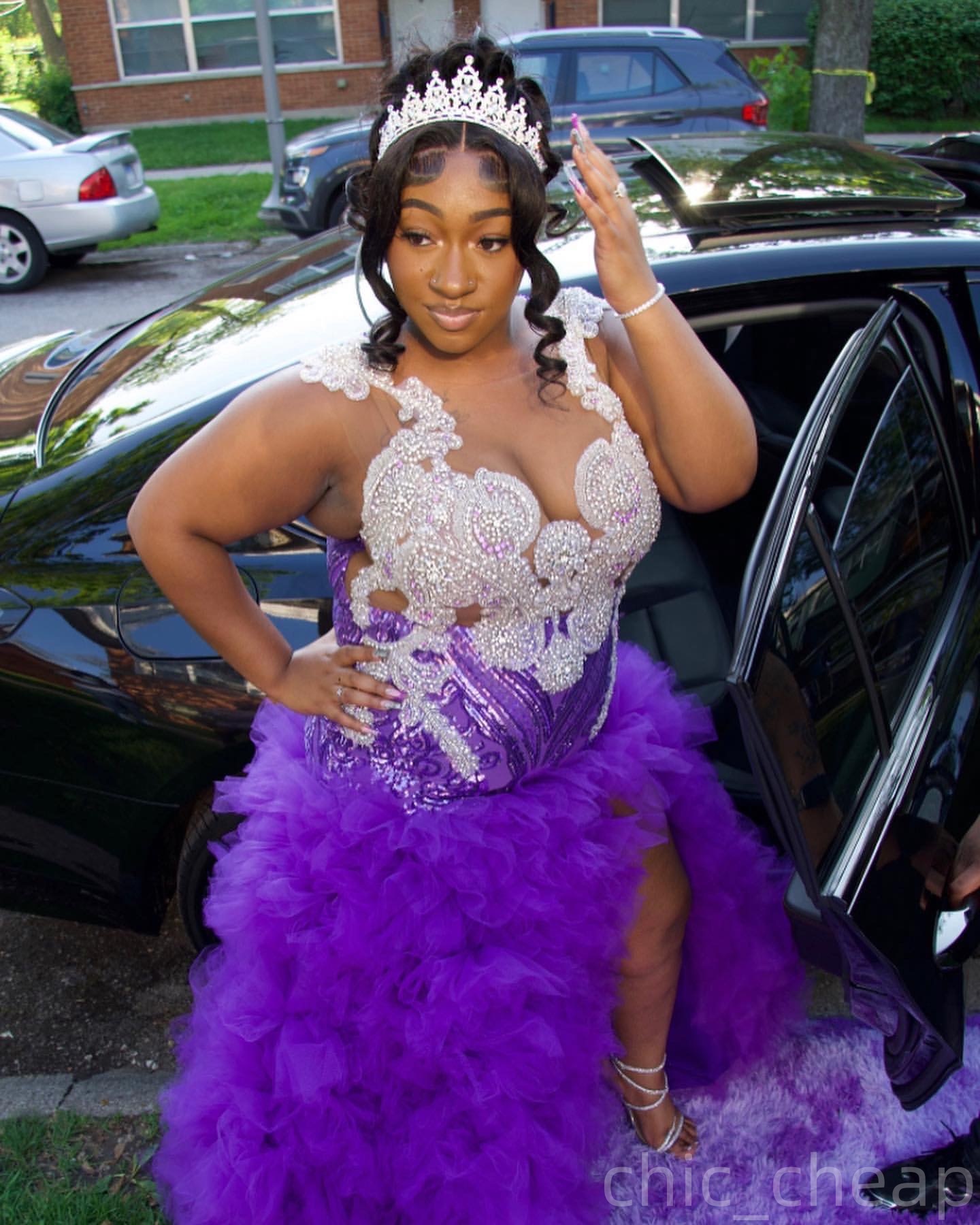 Purple Mermaid Prom Dresses 2025 Lace Beaded Tiers High Split Evening Formal Party Second Birthday Engagement Gowns Plus Size Dress For Special Occasi