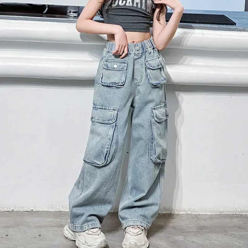 Girls Cargo Pants Autumn New Fashion Loose Teens Kids Wide Leg Jeans Casual All-match Big Pockets Design 10 12 14 Years Tousers Z250220