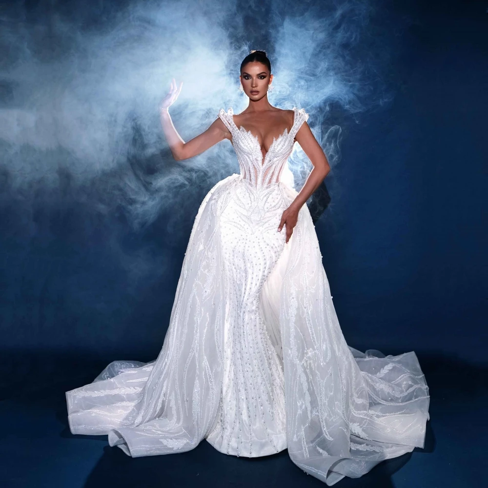 Exquisite Mermaid Wedding Dress Sweetheart Neck Sleeveless Bridal Gowns Sequins Pearls Detachable Train Dresses Custom Made vestidos de novia