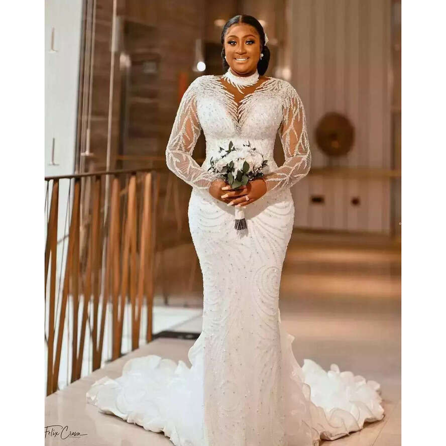 Plus Size Arabic Aso Ebi Sheer Neck Mermaid Wedding Dress Long Sleeves Sexy Bridal Gowns Dresses Bc14230 0812