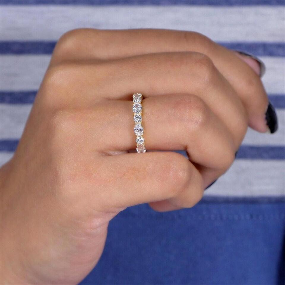 Jewelry 18K Yellow Real Gold 4*3mm Oval-Round 2.5mm Cut Lab Diamond Full Eternity Band Anniversary Wedding Ring For Women