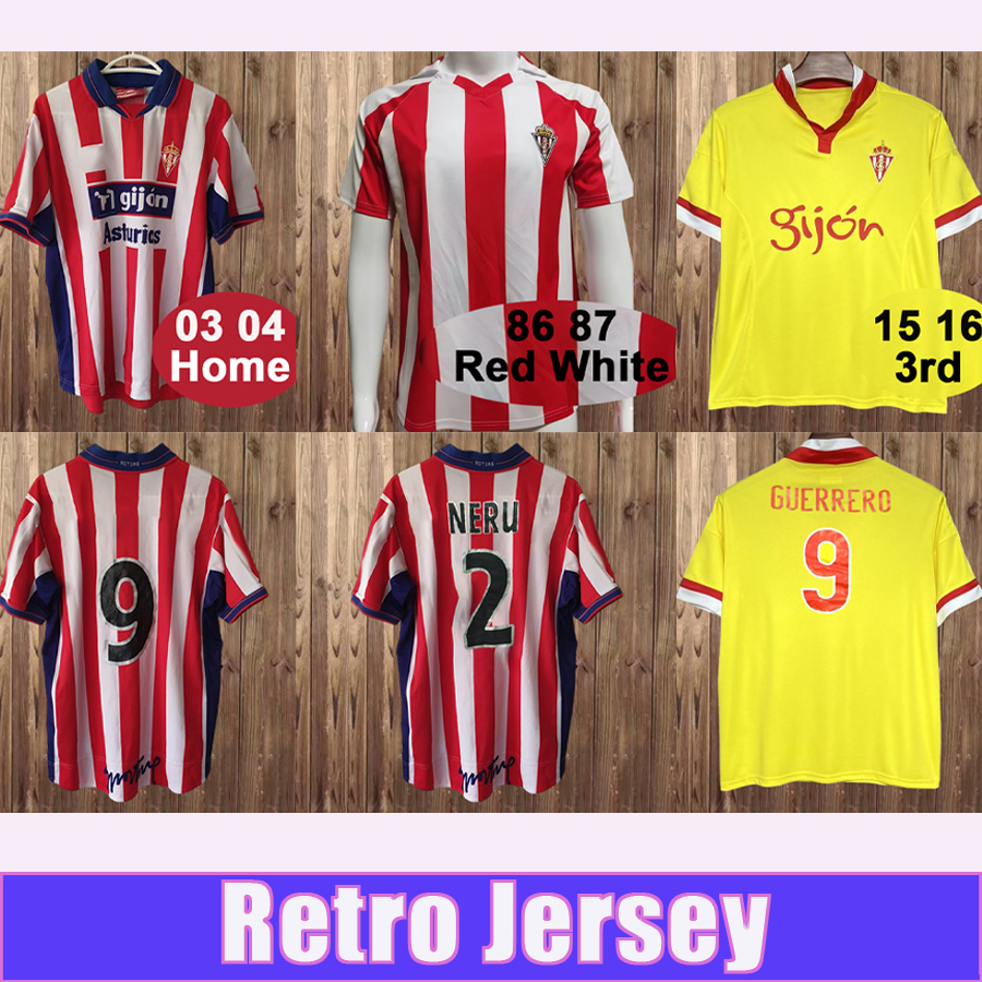 2003 2004 Sporting de Gijon Mens Retro Soccer Jerseys 86 87 NERU BILIC GUERRERO HALILOVIC Home 3rd Vintage Football Shirts Short Sleeve Uniforms