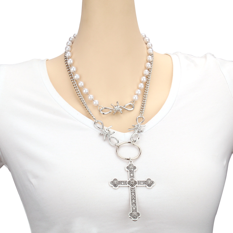 Personalized Pearl Cross Pendant Necklace ins Hip Hop Punk Double Layers Sweet Cool Necklaces