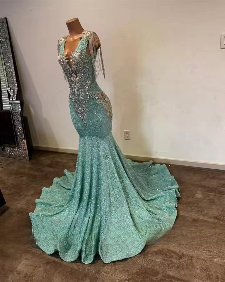 Sage Green Sequin Prom Dress With Bead Crystals Tassels - Formal Evening Gown For Black Girls, Birthday Parties & Special Ocns