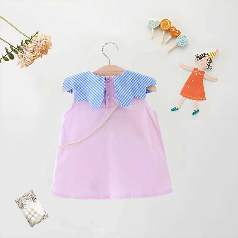 Summer Baby Girl Dress+Bag 2 Pcs Baby Girl Plaid Big Collar Solid Color Dress Cute Loose Cotton Comfortable Sleeveless Dress X250220