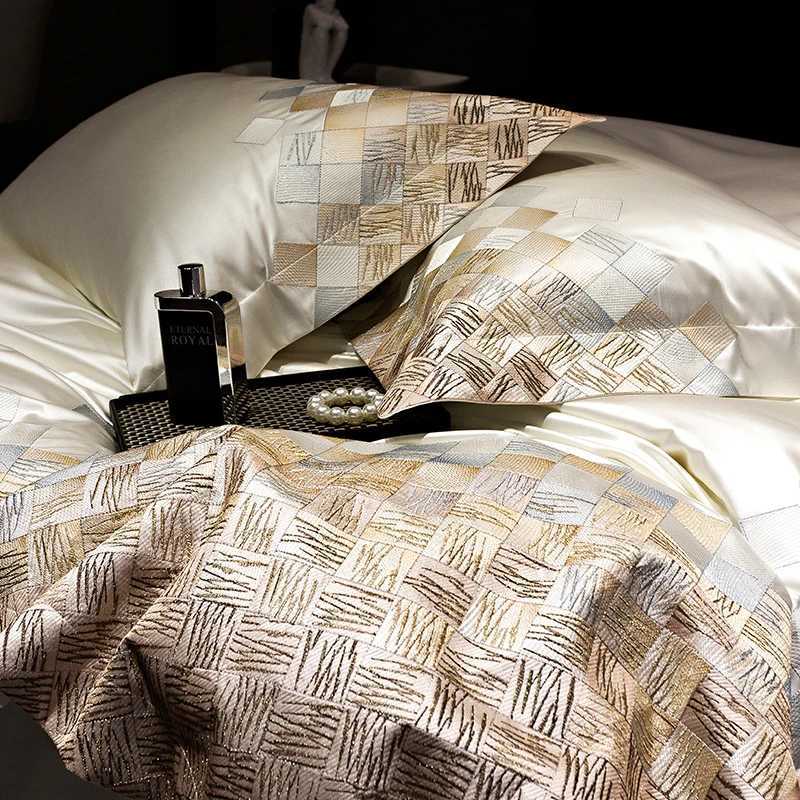 4Pcs Satin Brocade Egyptian Cotton Luxury Embroidery Bedding Set Pearl White/Grey Duvet Cover Bed Sheet/Fitted Sheet PillowcasesXJ250220