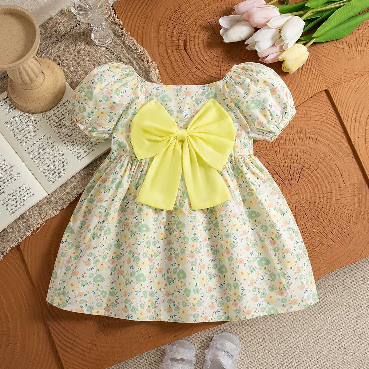 (0-3 Year Old Baby Girl Floral Dress) Summer New Sweet Bow Countryside Style Childrens Short Sleeved Clothes X250220