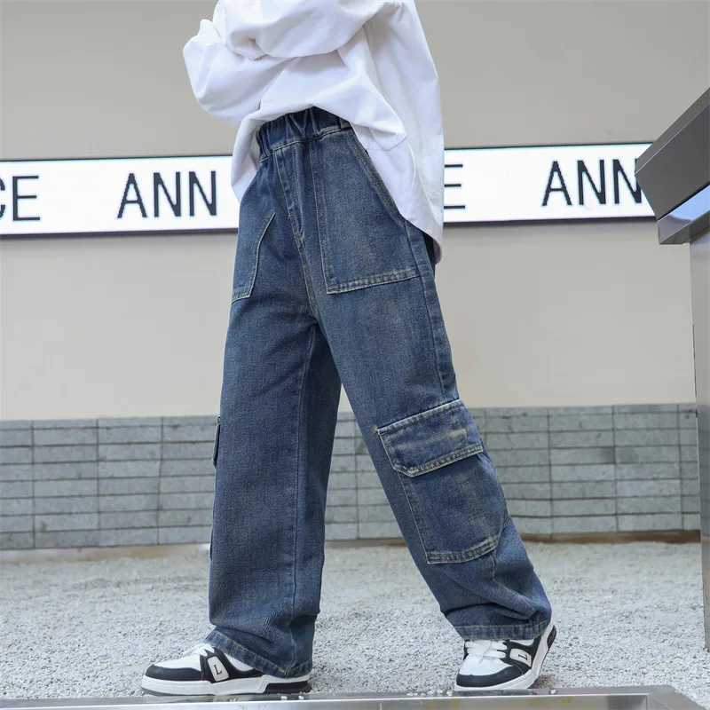 Spring Autumn Teenager Boys Jeans Pocket Casual Denim Kids Boys Wide Leg Loose Pants Childrens Boys Straight Leg Pants Z250220