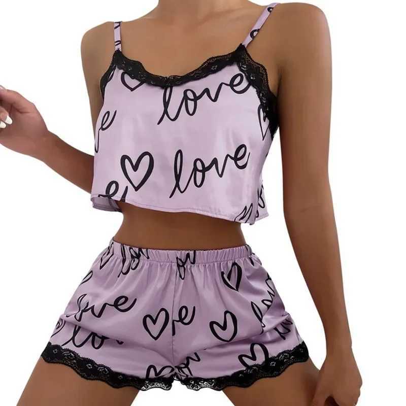 Two piece set of womens pajamas shorts set home clothes printed underwear sexy underwear imitation silk pajamas for womenXJ250220