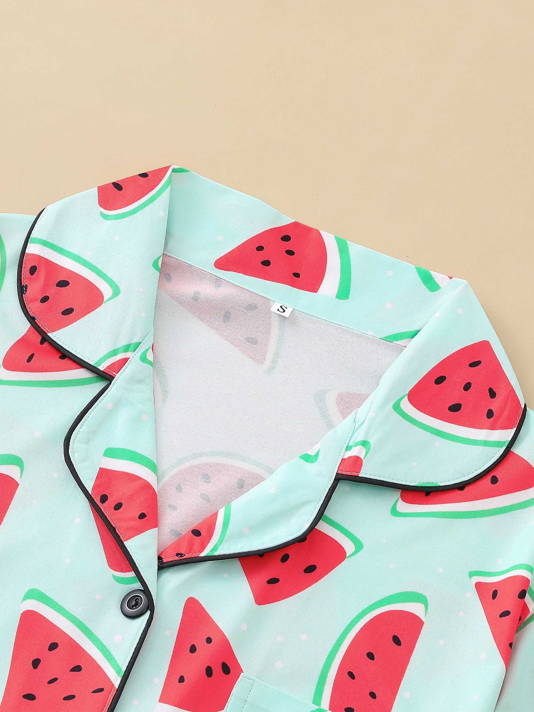 Two-piece set of womens pajamas lapel top and trousers watermelon summer casual womens pajamas home wearXJ250220