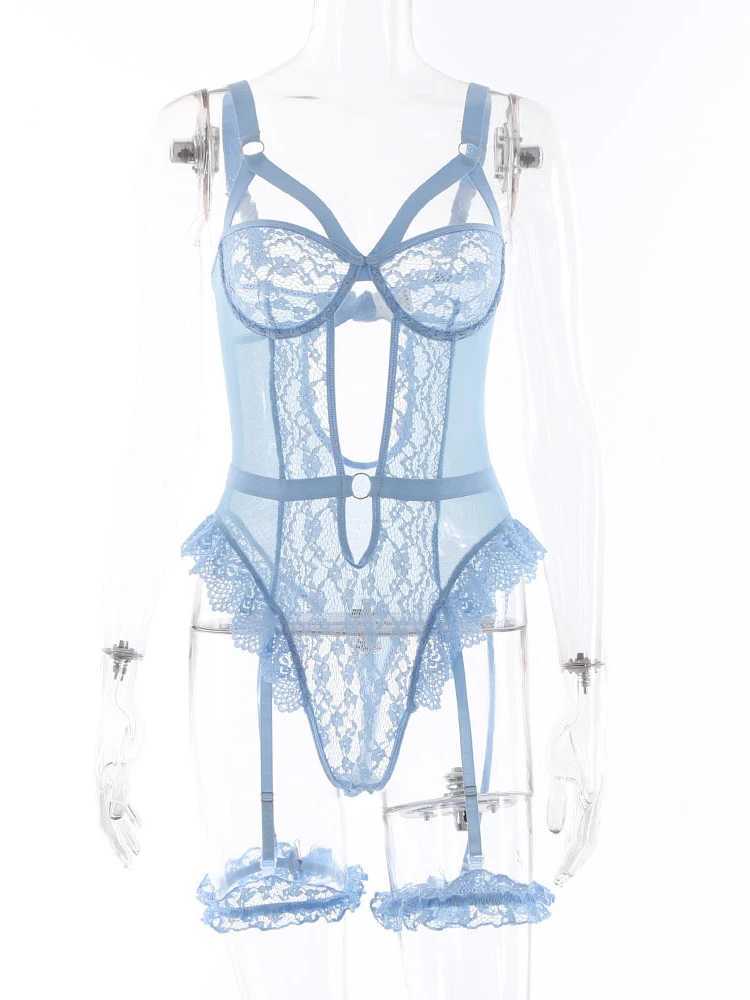 Sexy Garter Lingerie Babydoll Underwear For Sex Bodysuit Erotic Hollow Chest Lace Transparent Backless Apparel Exposed UniformXJ250220