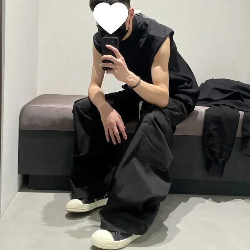 Baggy Pants Cargo Pants For Men Trendy Black Bell-bottom Pants Multiple Pockets Casual Streetwear Sweat Pants MensT250220
